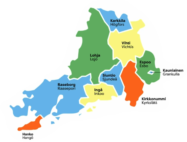 Karttakuva Länsi-Uudenmaan aluevaalin kunnat: Hanko, Raasepori, Lohja, Karkkila, Vihti, Inkoo, Siuntio, Kirkkonummi, Espoo ja Kauniainen.